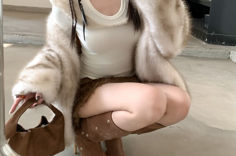 Halter Turtleneck Fluffy Panel Long Sleeve Slim Tee