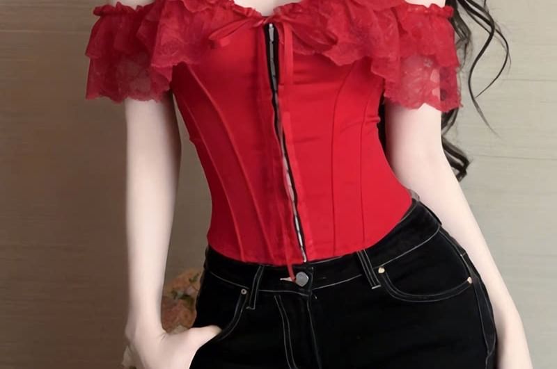 Lace Insert Off-Shoulder Hook and Eye Corset Crop Top