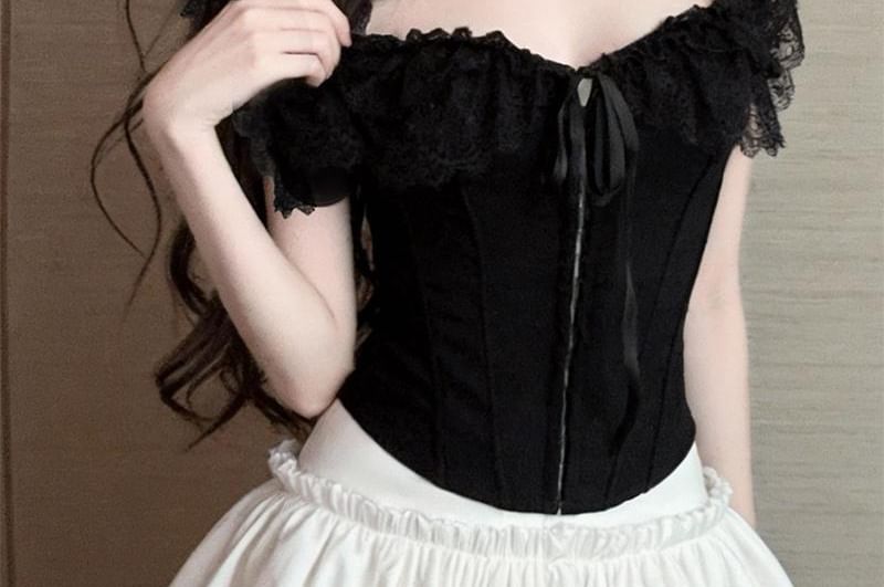 Lace Insert Off-Shoulder Hook and Eye Corset Crop Top