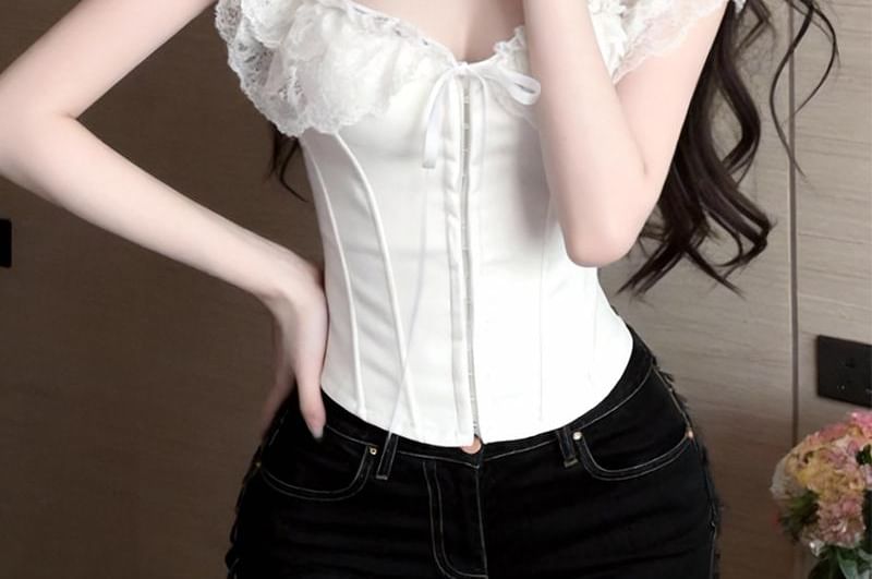 Lace Insert Off-Shoulder Hook and Eye Corset Crop Top
