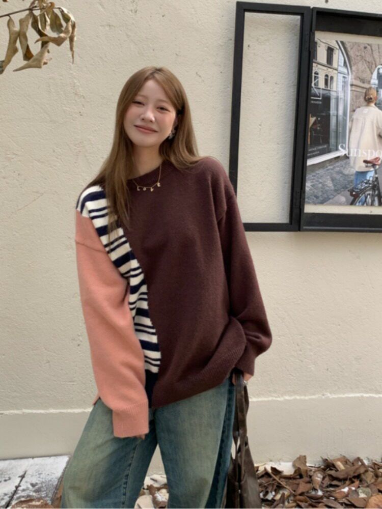 Crew Neck Sweater with Striped Accent Panels
