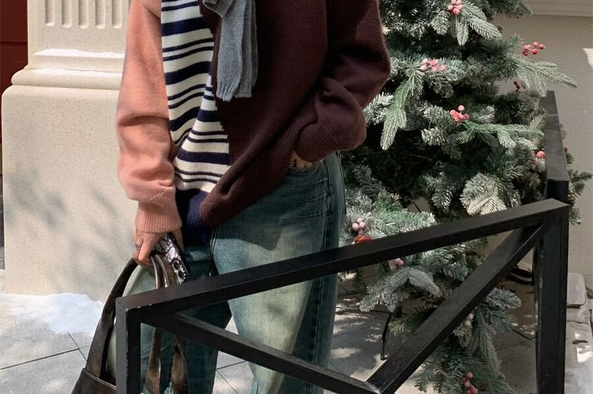 Crew Neck Sweater with Striped Accent Panels