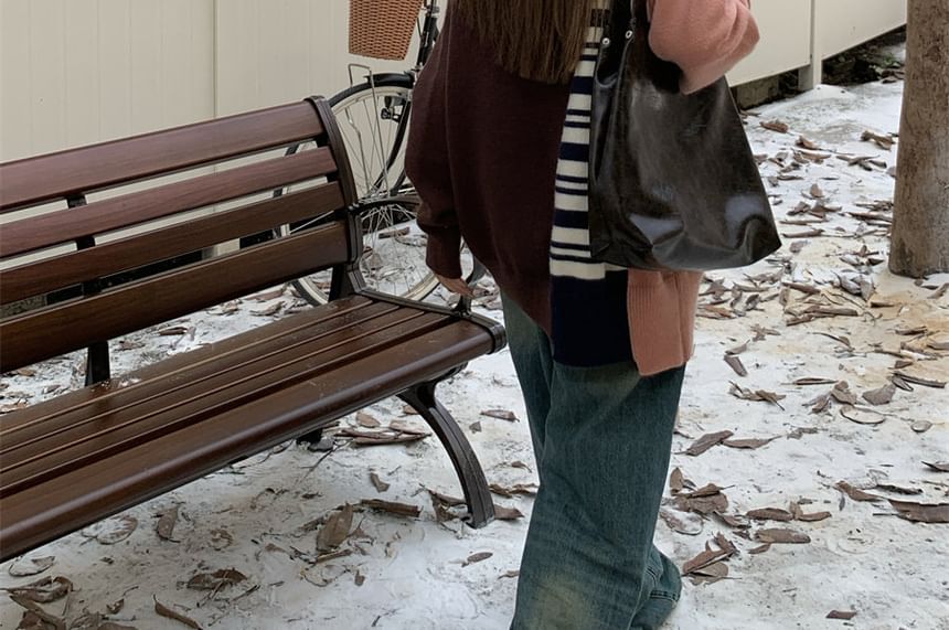 Crew Neck Sweater with Striped Accent Panels