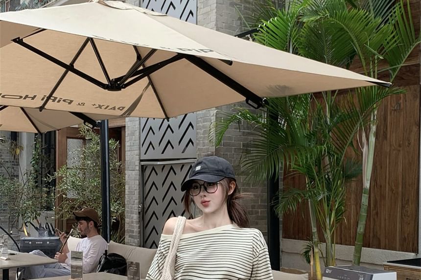 Off-Shoulder Striped Crop Tee with Drawstring Waist Shorts