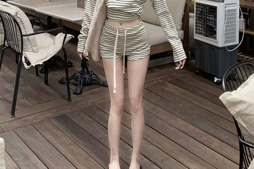 Off-Shoulder Striped Crop Tee with Drawstring Waist Shorts