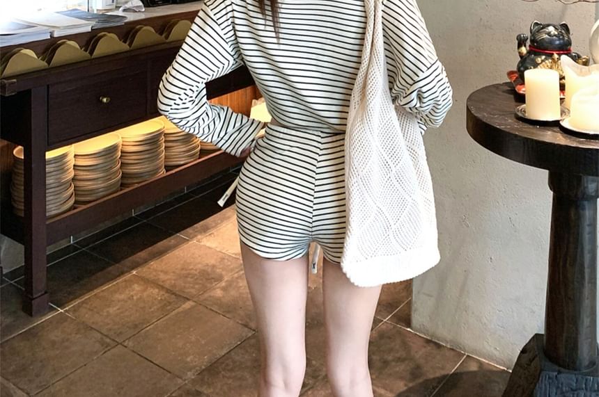 Off-Shoulder Striped Crop Tee with Drawstring Waist Shorts