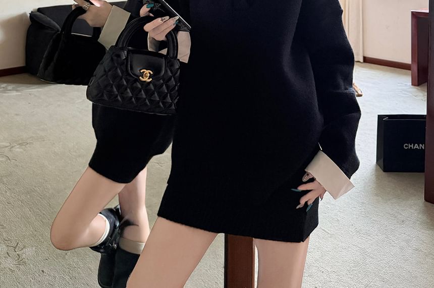 Two-Piece Collared Two-Tone Sweater with High Waist Pencil Skirt