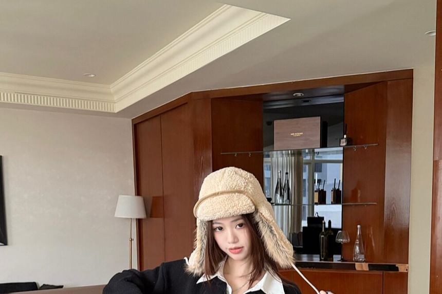 Two-Piece Collared Two-Tone Sweater with High Waist Pencil Skirt