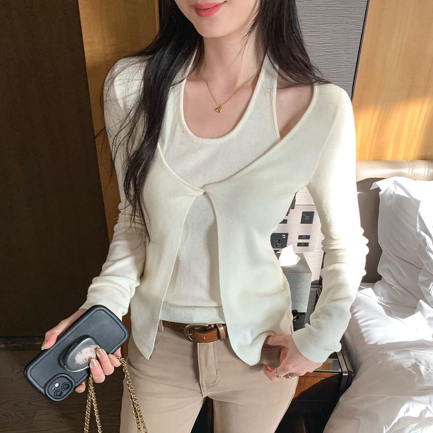 Halter Neck Twisted Slit Knit Top with Mock Two-Piece Style