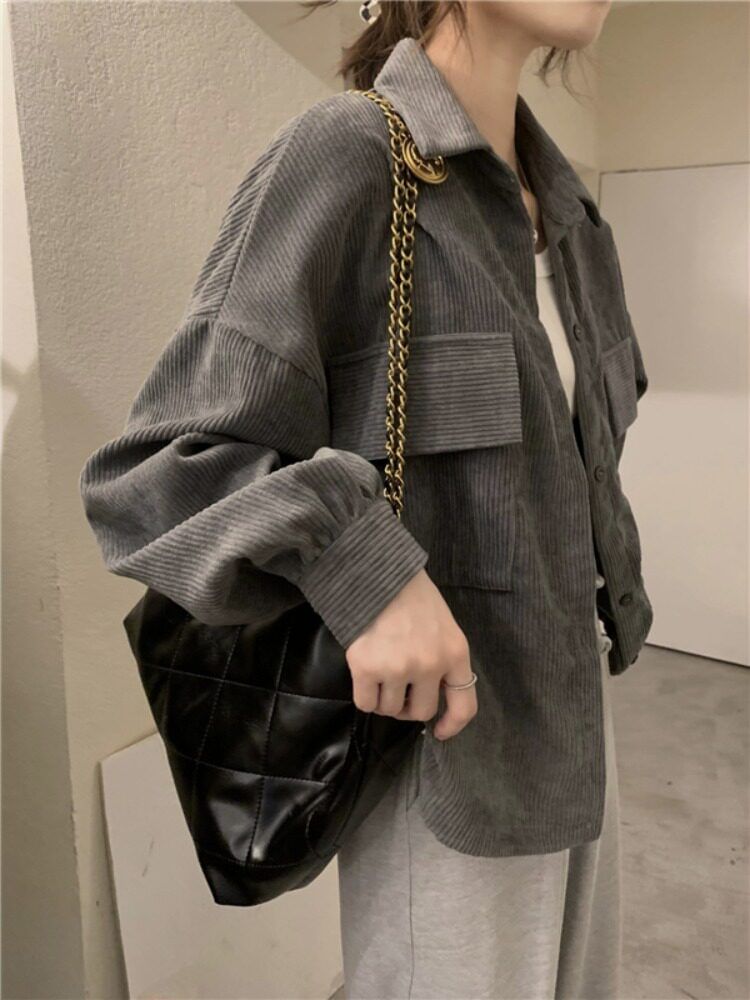 Button-Up Corduroy Crop Shirt Jacket