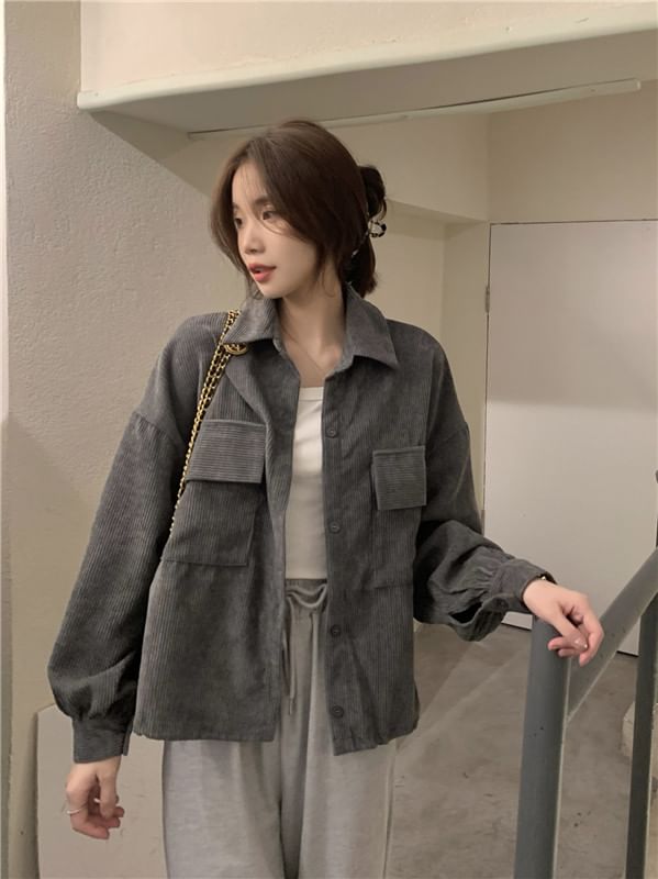 Button-Up Corduroy Crop Shirt Jacket