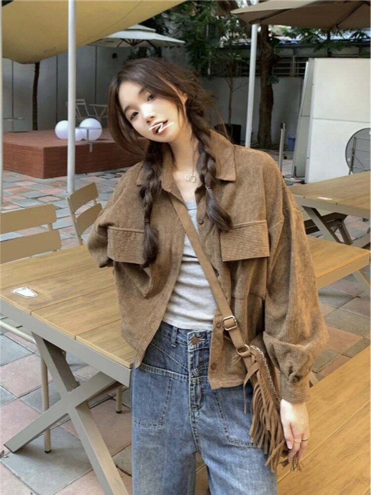 Button-Up Corduroy Crop Shirt Jacket