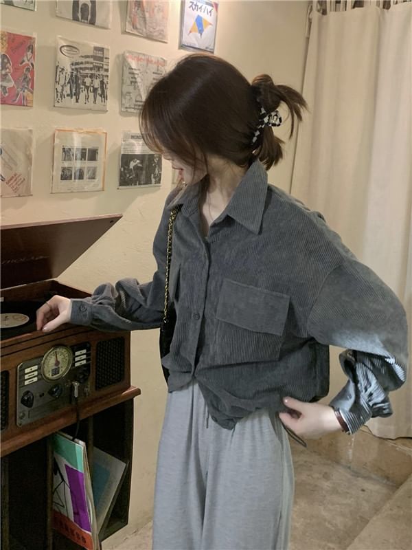 Button-Up Corduroy Crop Shirt Jacket