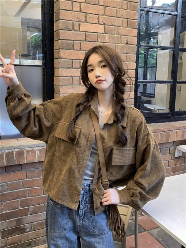 Button-Up Corduroy Crop Shirt Jacket