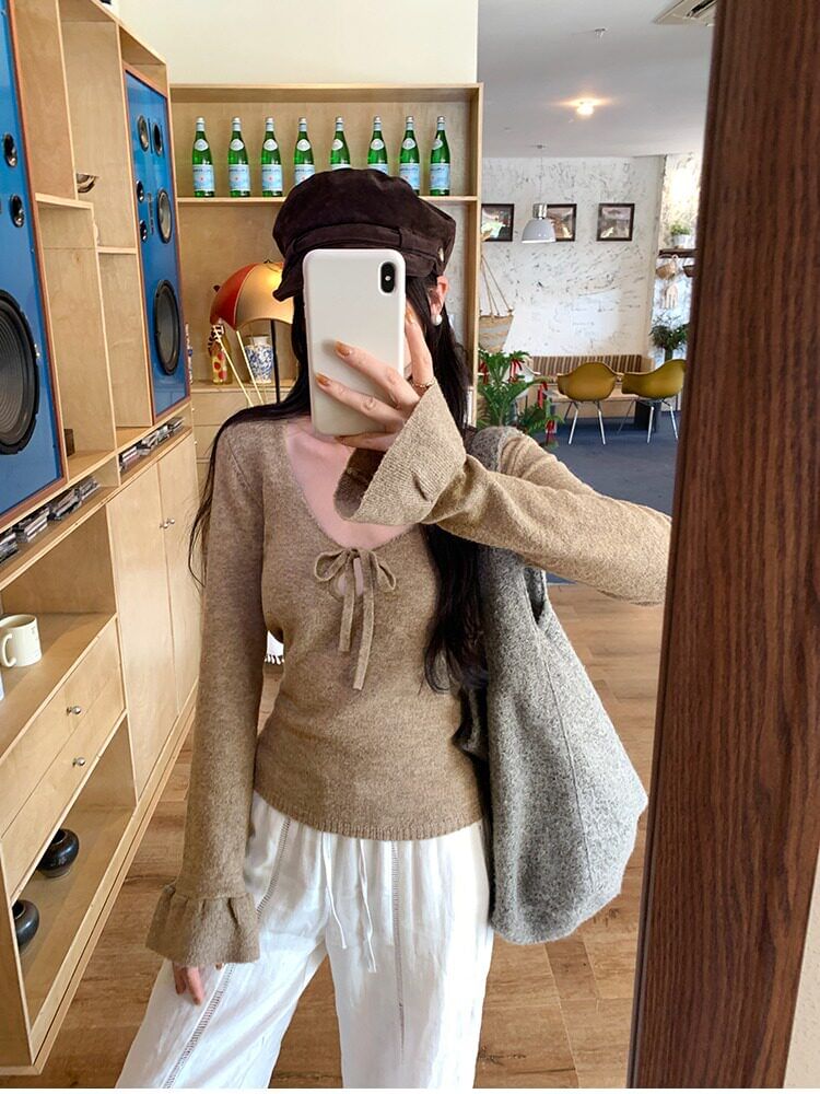 V-Neck Knit Crop Top with Tie Front and Long Sleeves