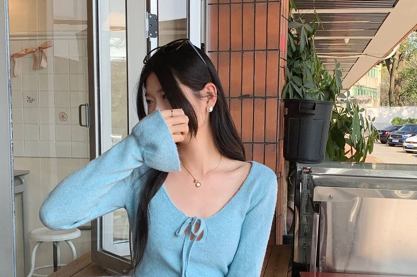 V-Neck Knit Crop Top with Tie Front and Long Sleeves