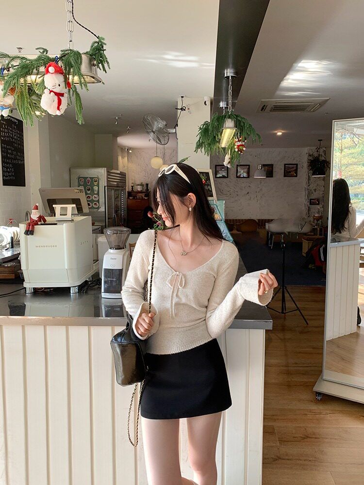 V-Neck Knit Crop Top with Tie Front and Long Sleeves