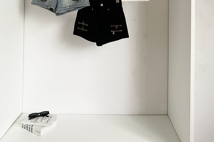 High Waist Zipped Denim Wide Leg Shorts