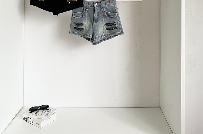 High Waist Zipped Denim Wide Leg Shorts