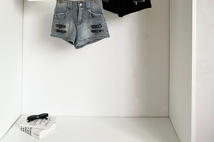 High Waist Zipped Denim Wide Leg Shorts