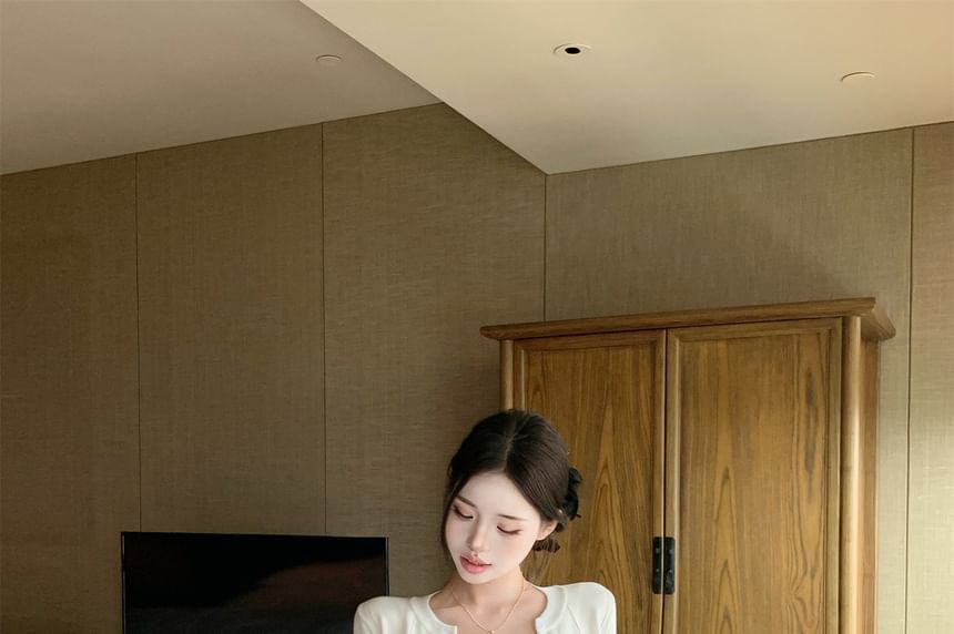Set: Round Neck Plain Cardigan + Spaghetti Strap Scoop Neck Plain Mini A-Line Dress