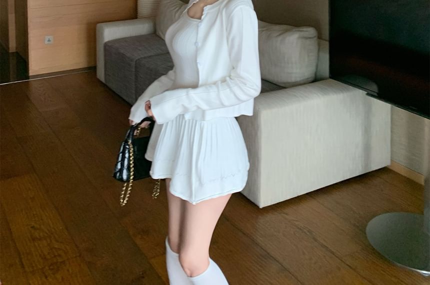 Set: Round Neck Plain Cardigan + Spaghetti Strap Scoop Neck Plain Mini A-Line Dress