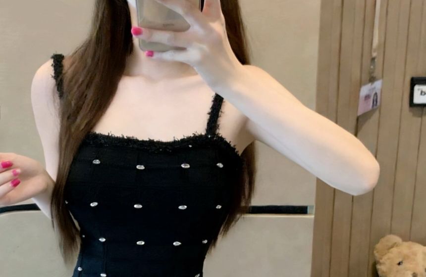 Spaghetti Strap Rhinestone Mini Bodycon Dress