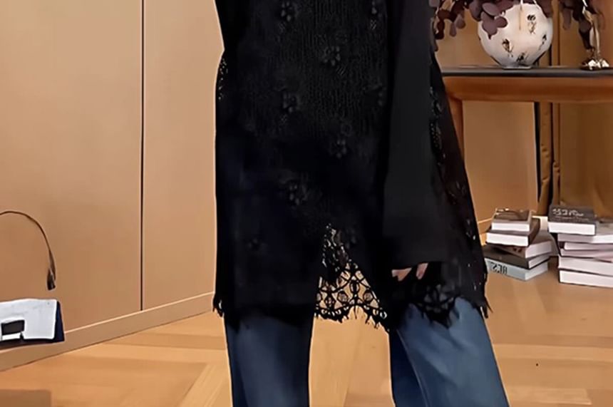 Spaghetti Strap V-Neck Plain Sheer Lace Mini A-Line Dress
