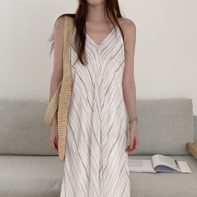 Spaghetti Strap V-Neck Striped Maxi A-Line Dress