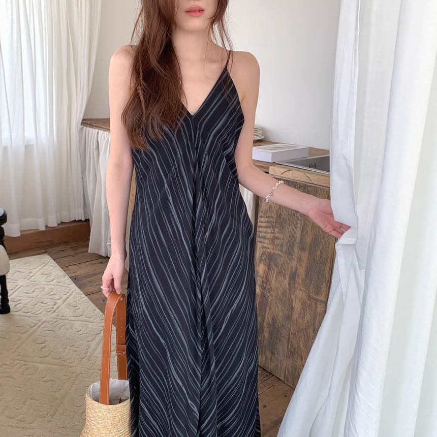 Spaghetti Strap V-Neck Striped Maxi A-Line Dress