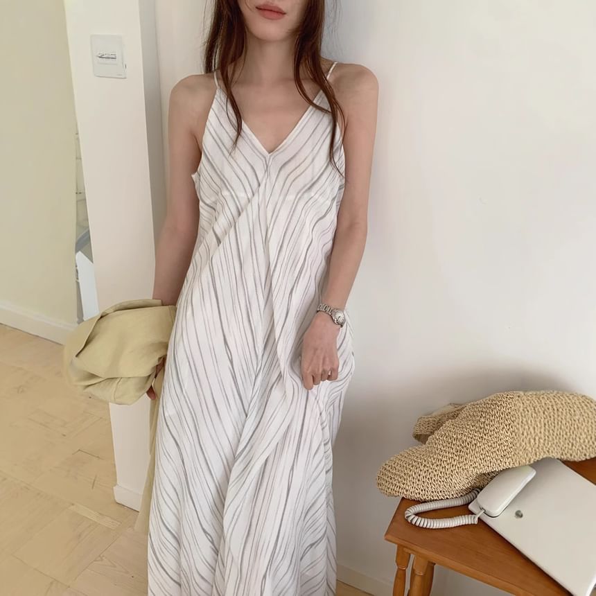 Spaghetti Strap V-Neck Striped Maxi A-Line Dress