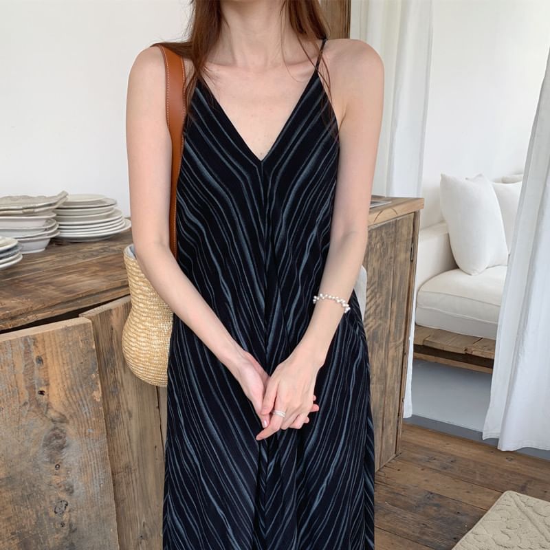Spaghetti Strap V-Neck Striped Maxi A-Line Dress