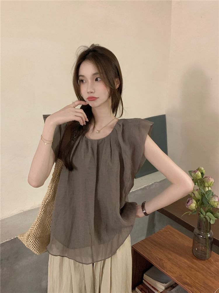 Flowy U-Neck Blouse with Cap Sleeves