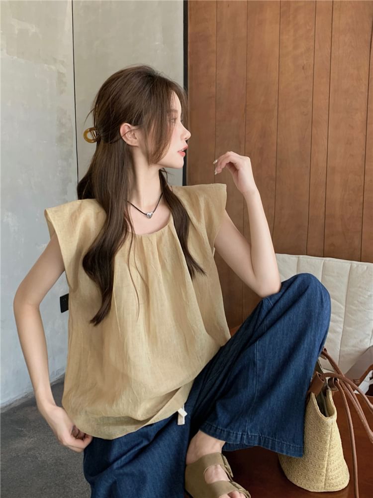 Flowy U-Neck Blouse with Cap Sleeves