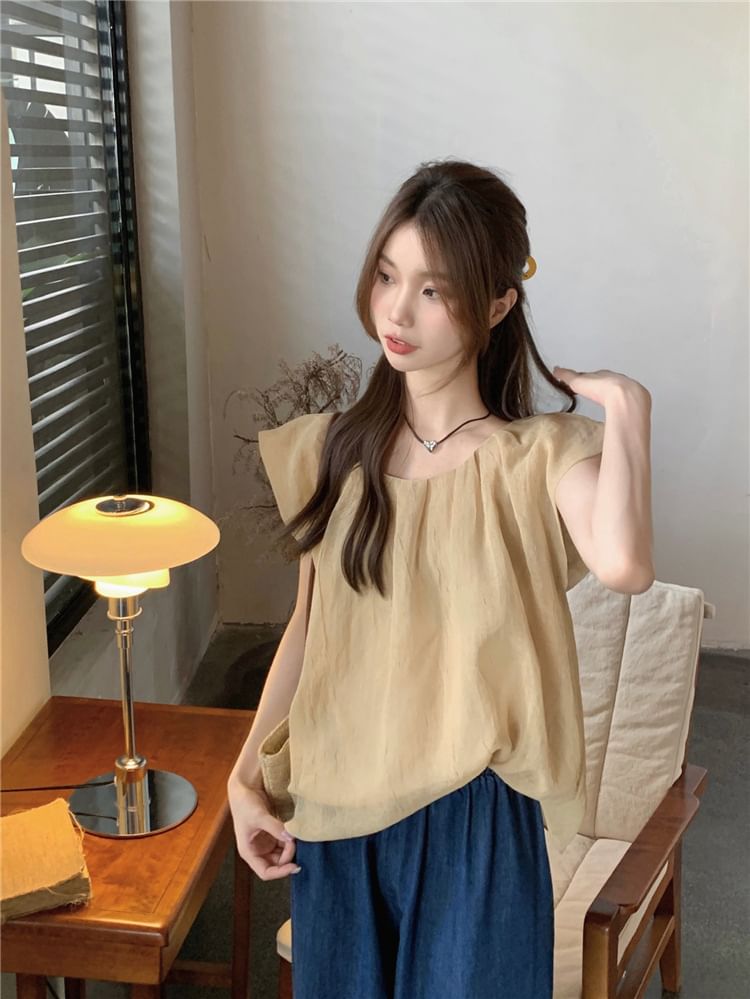 Flowy U-Neck Blouse with Cap Sleeves