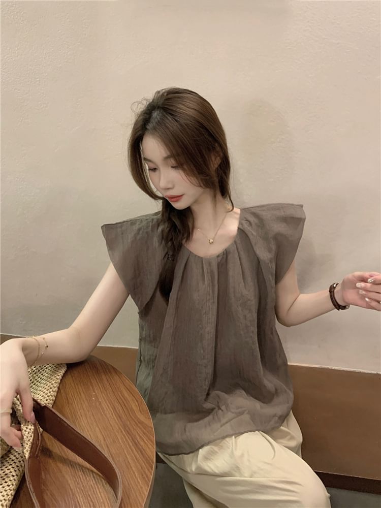Flowy U-Neck Blouse with Cap Sleeves