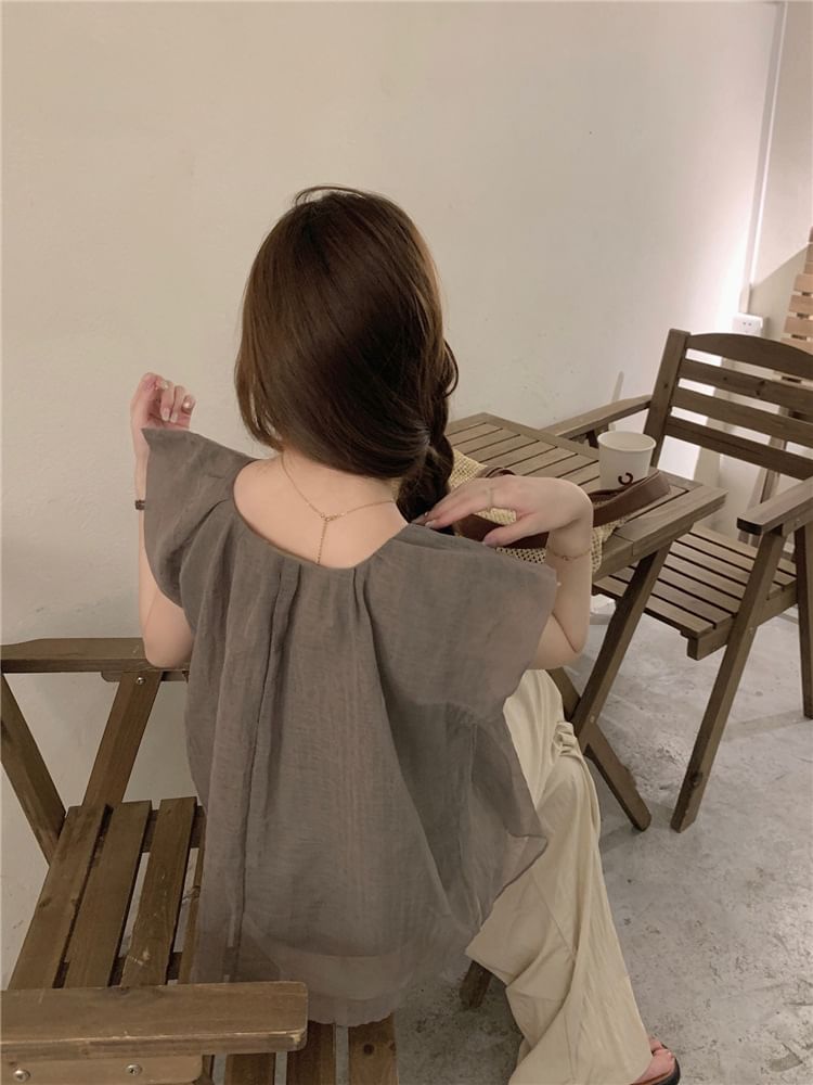 Flowy U-Neck Blouse with Cap Sleeves