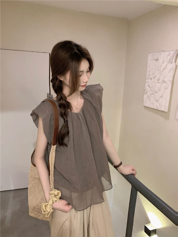 Flowy U-Neck Blouse with Cap Sleeves
