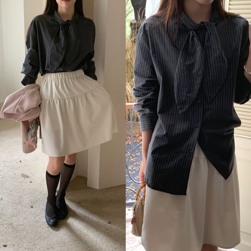 Pinstripe Tie Neck Shirt with Long Sleeves