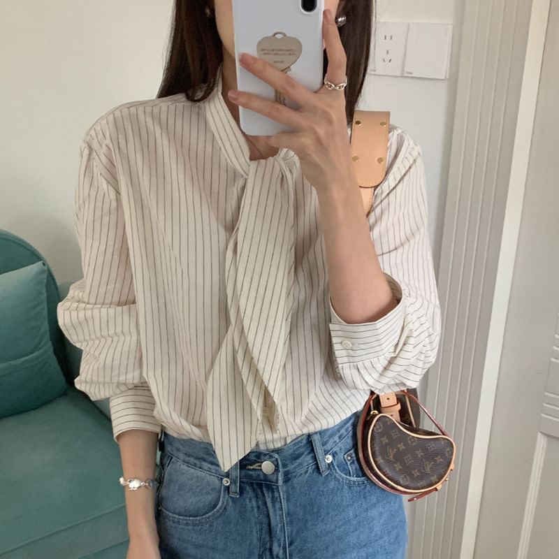 Pinstripe Tie Neck Shirt with Long Sleeves