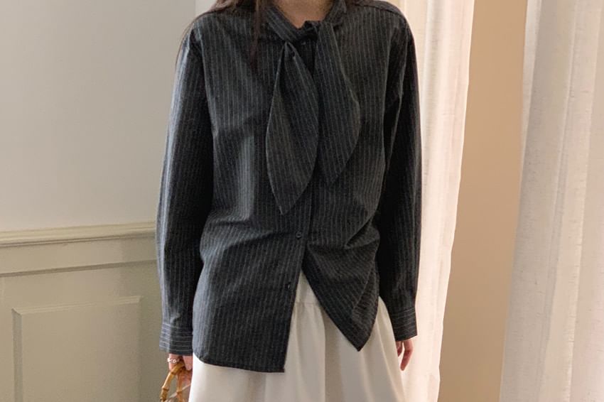 Pinstripe Tie Neck Shirt with Long Sleeves