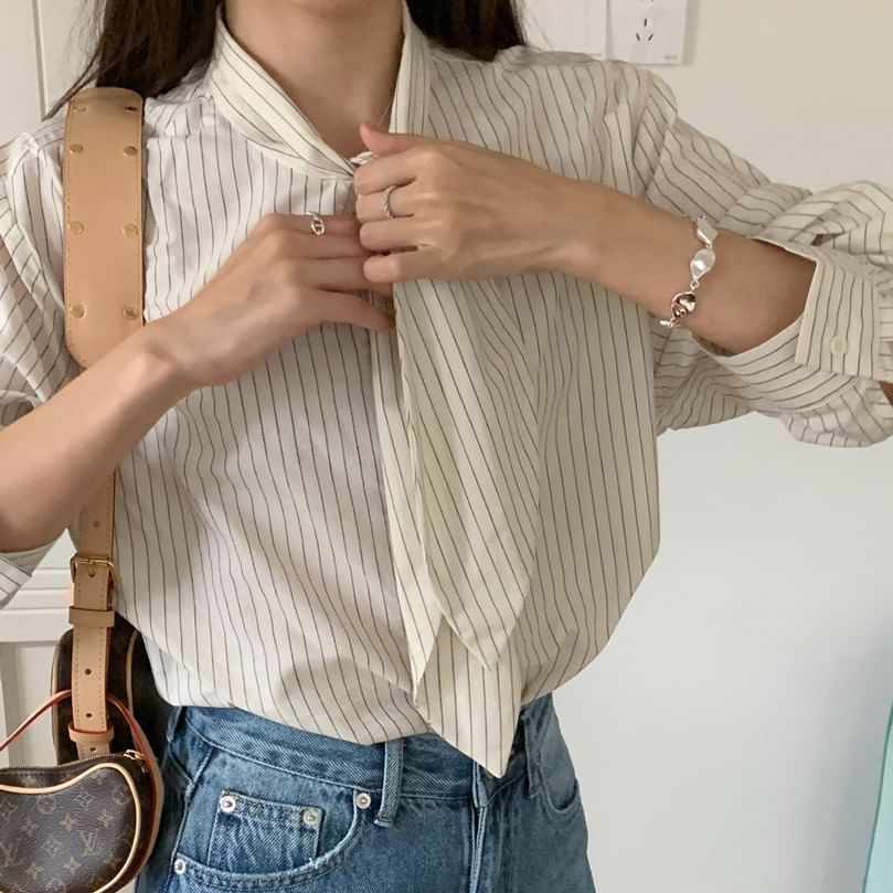 Pinstripe Tie Neck Shirt with Long Sleeves