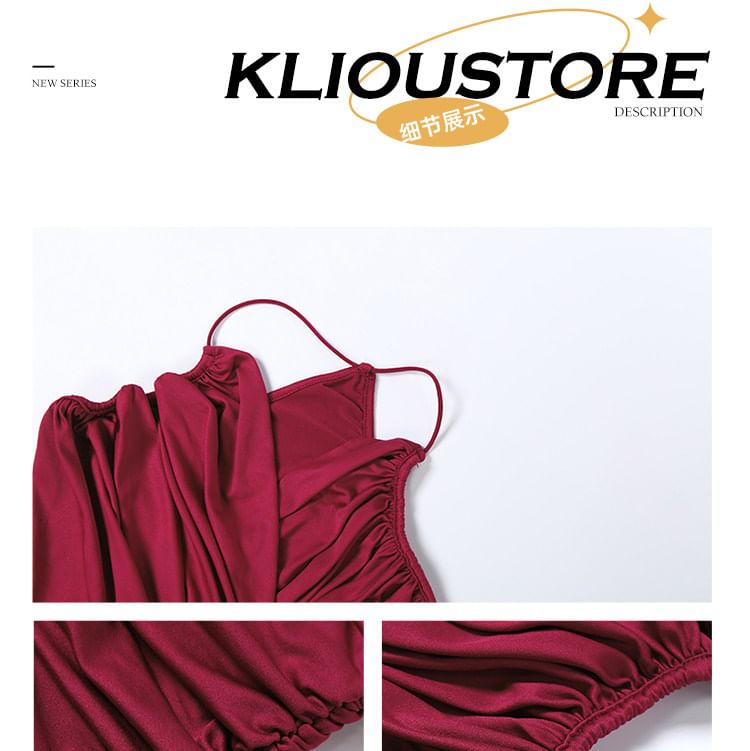 Spaghetti Strap V-Neck Plain Wrap Ruched Mini Bodycon Dress