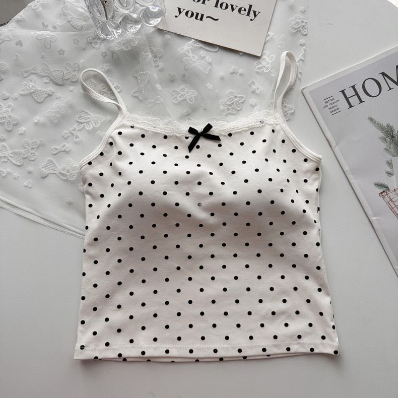 Dotted Lace Trim Scoop Neck Fitted Camisole