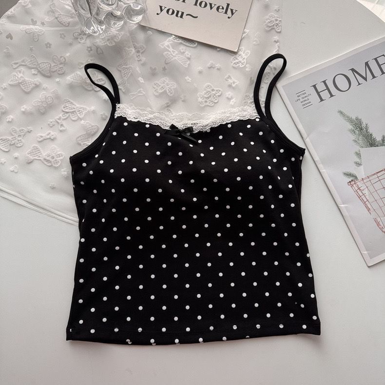 Dotted Lace Trim Scoop Neck Fitted Camisole