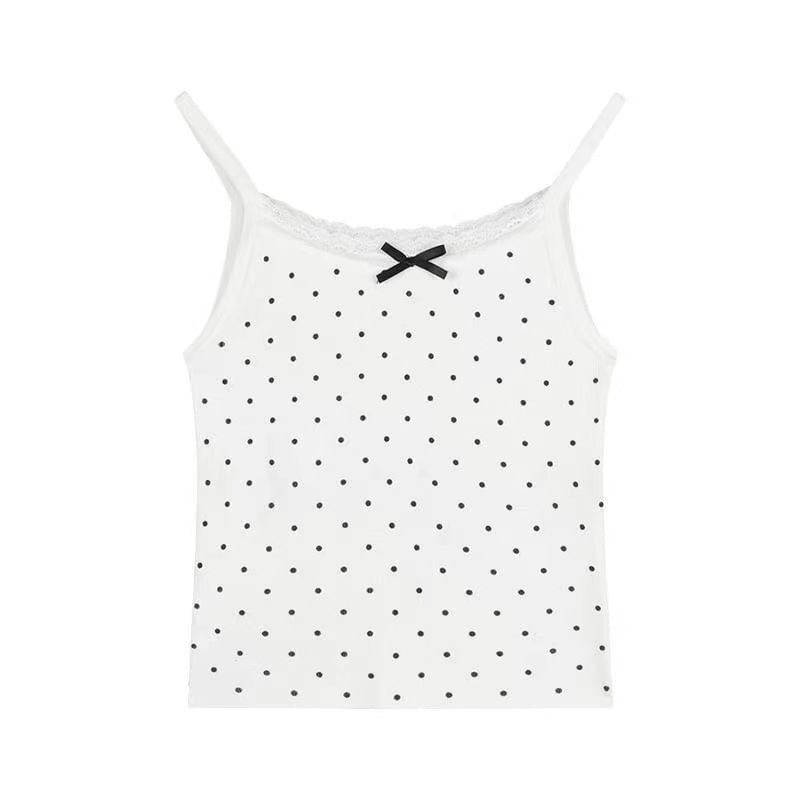 Dotted Lace Trim Scoop Neck Fitted Camisole