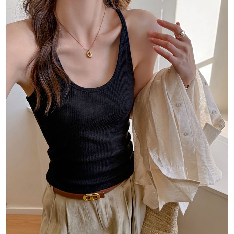 Basic Ribbed Scoop Neck Fitted Sleeveless Top