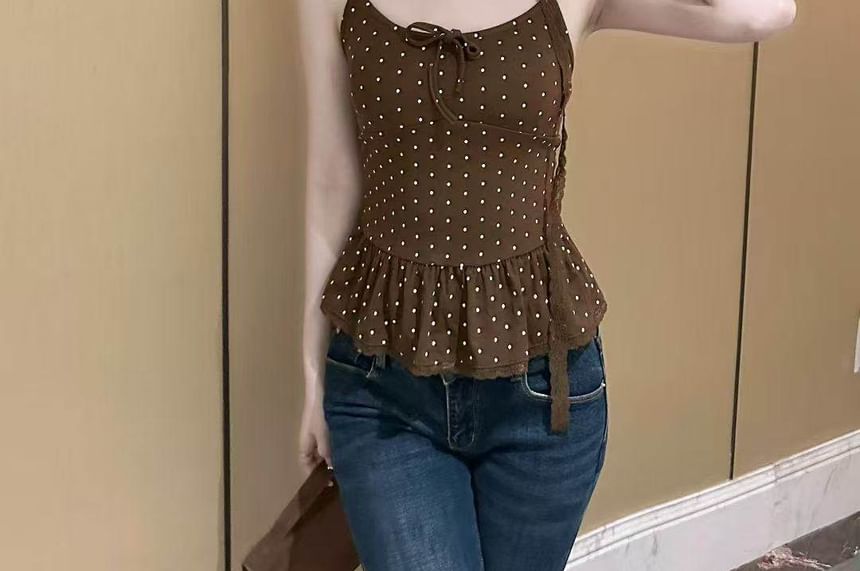 Polka Dot Camisole with Ruffled Hem and Scoop Neckline