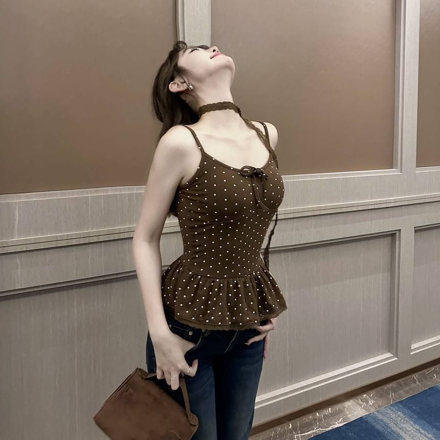 Polka Dot Camisole with Ruffled Hem and Scoop Neckline