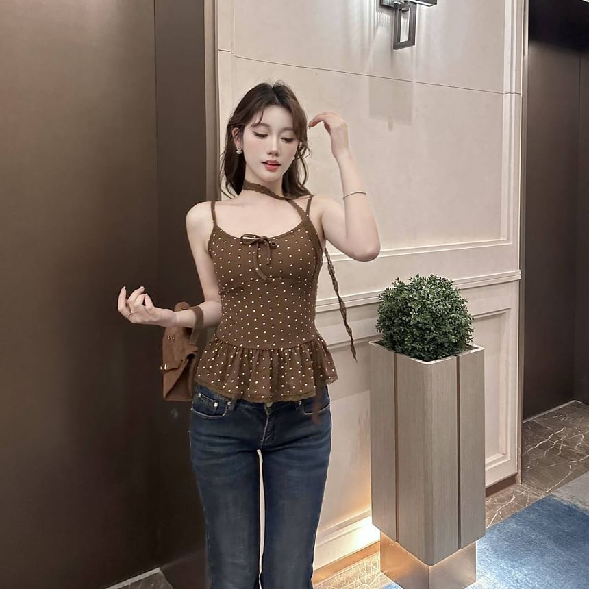 Polka Dot Camisole with Ruffled Hem and Scoop Neckline